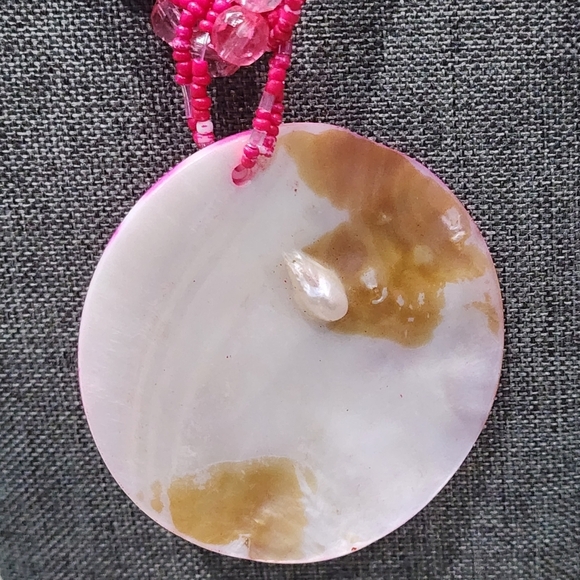 Vibrant Pink Floral Pendant Necklace with Beaded Strands, Eclectic Boho Chic - Picture 7 of 9